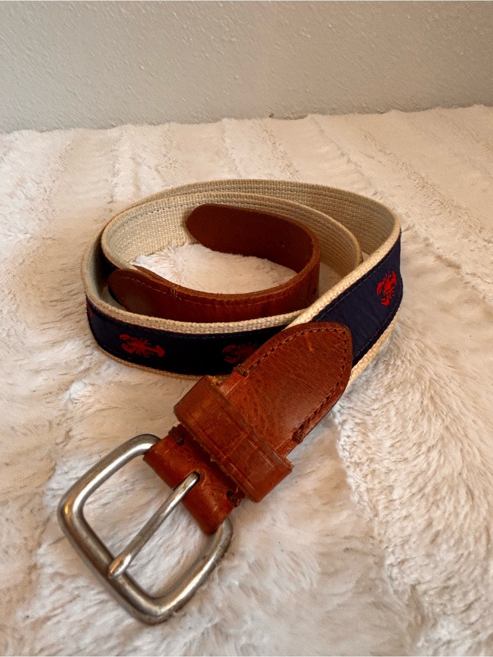J. Crew Embroidered Lobster Print Canvas Leather Belt Preppy Summer